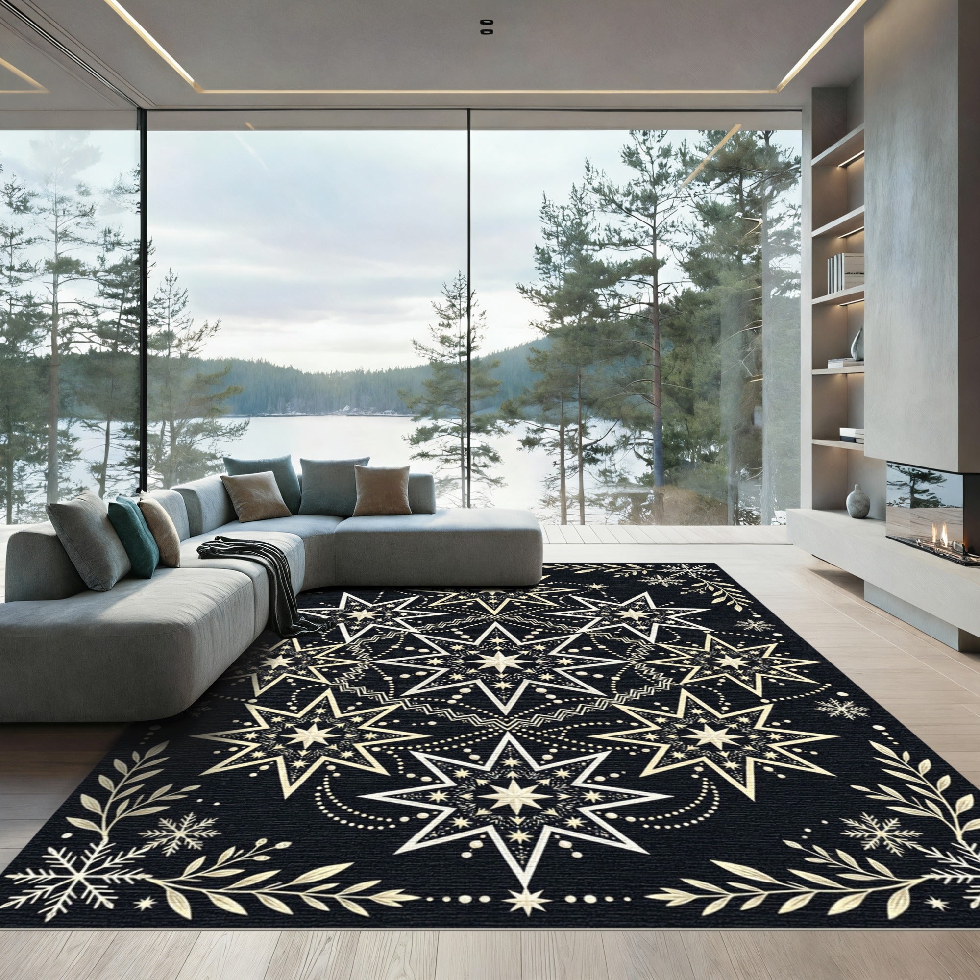Golden Starburst Mandala Black Rug