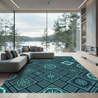 Teal Compass Geometric Nautical Tile Rug