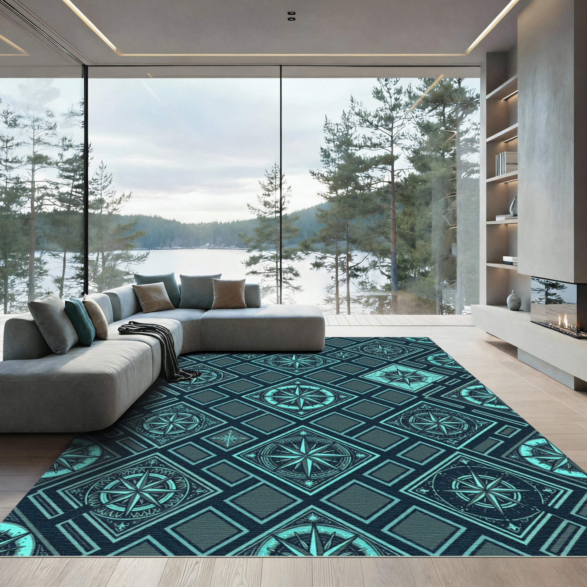 Teal Compass Geometric Nautical Tile Rug