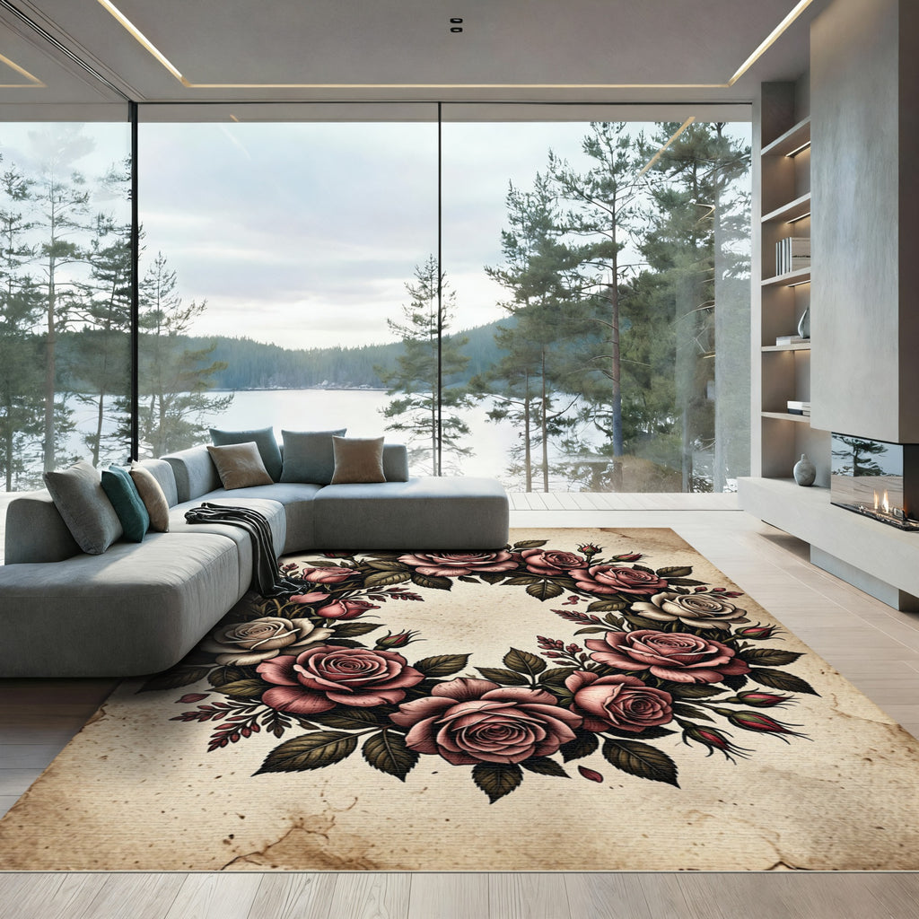 Vintage Blush Rose Wreath Garden Rug