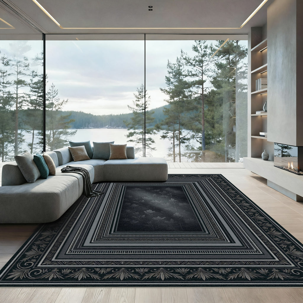 Dark Gray Floral Bordered Rectangles Rug