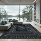 Dark Gray Floral Bordered Rectangles Rug