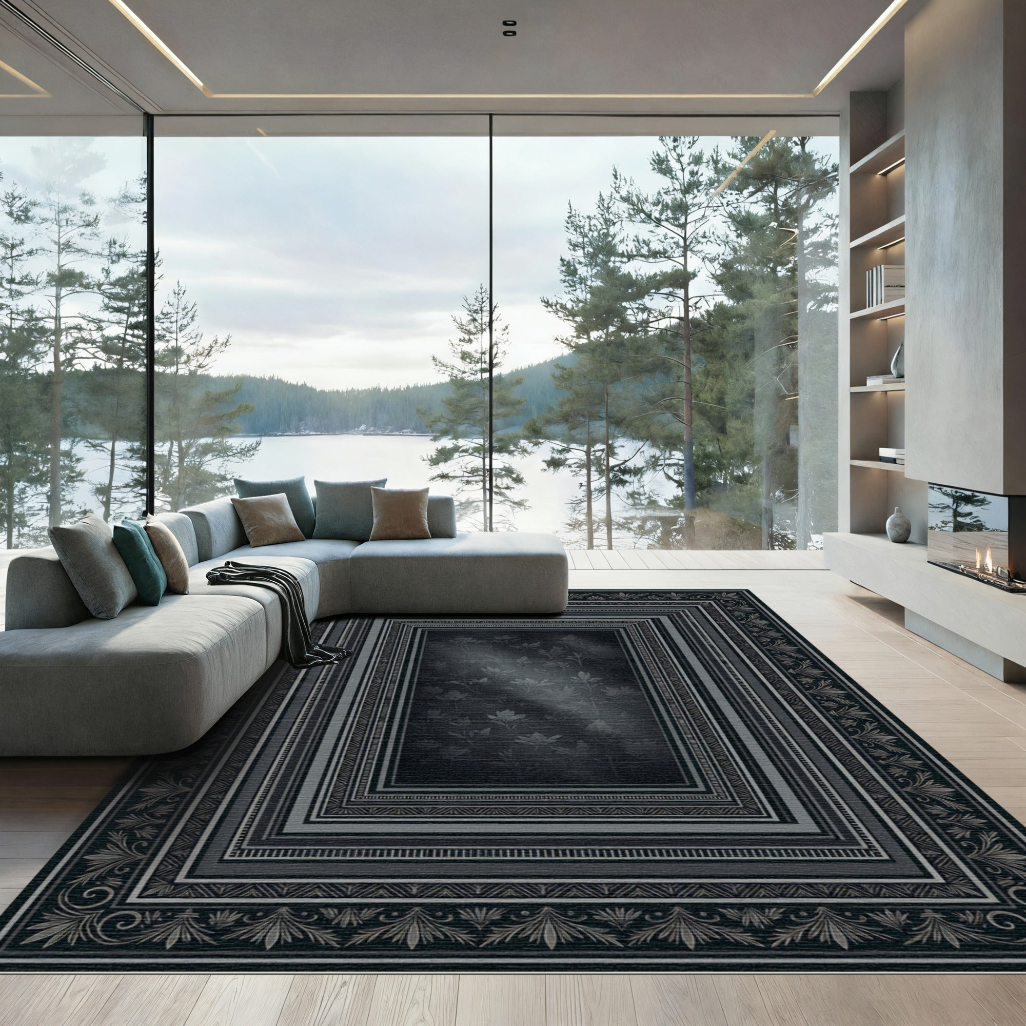 Dark Gray Floral Bordered Rectangles Rug