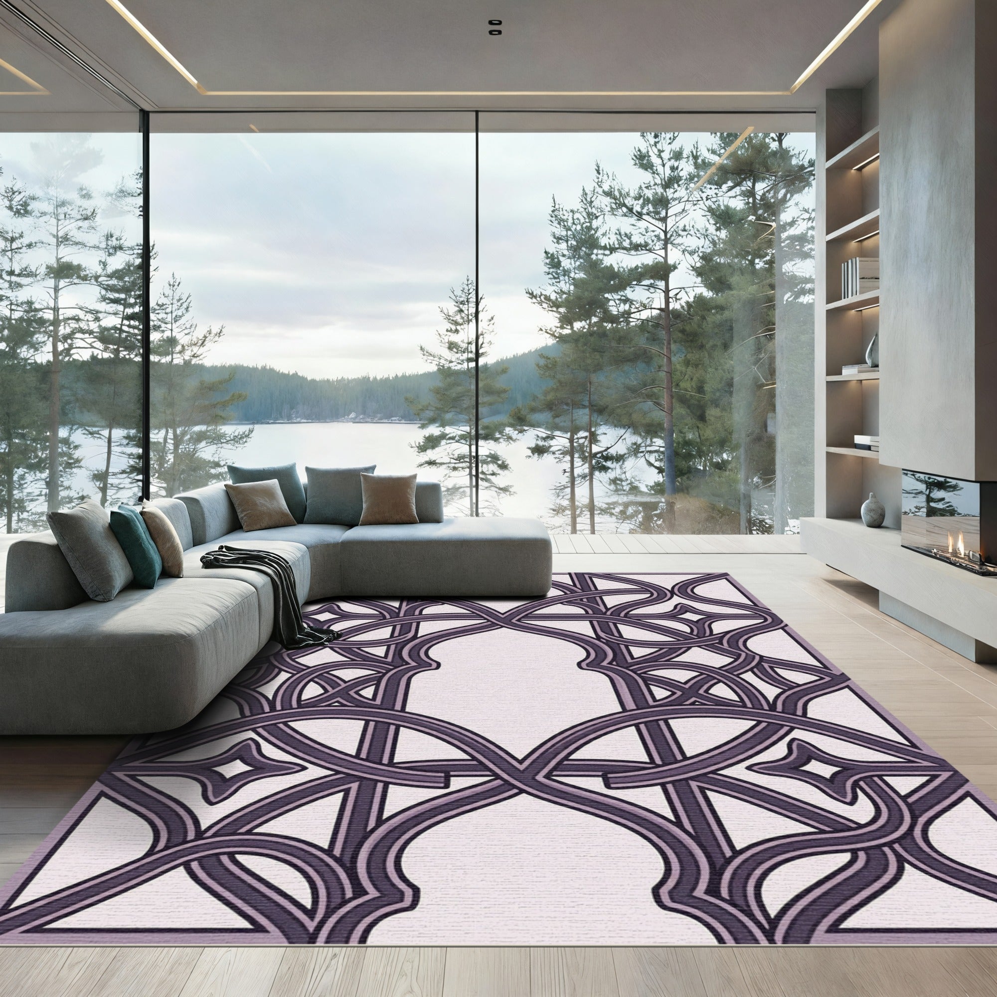 Elegant Plum Interlocking Arch Scroll Rug