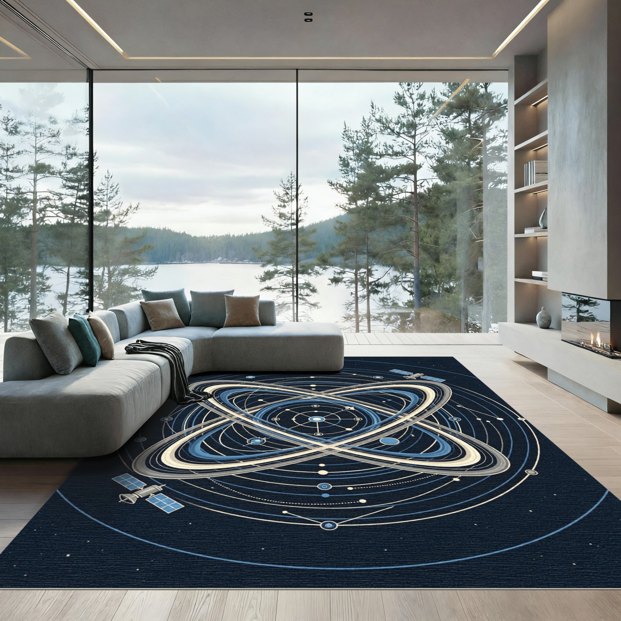 Celestial Orbital Geometry Navy Cream Rug