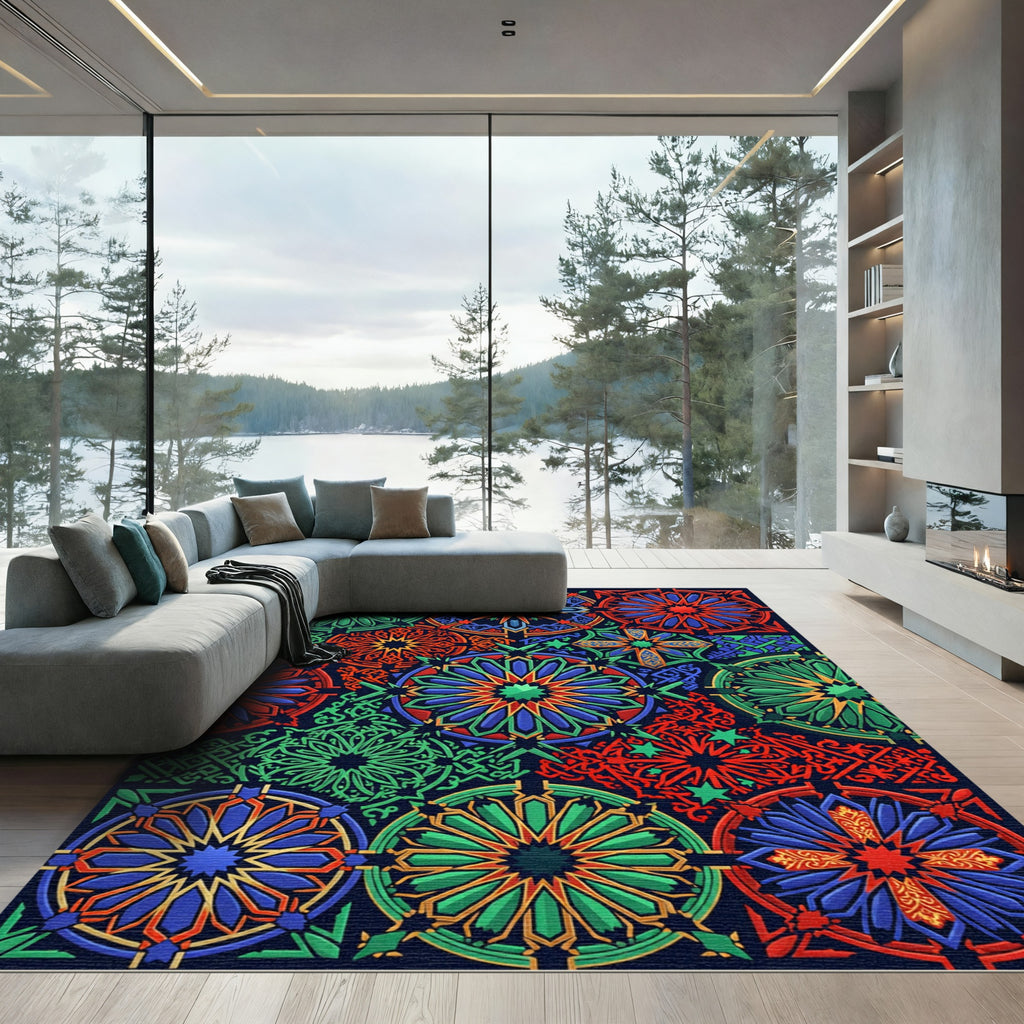 Vibrant Radiant Geometric Star Mosaic Rug