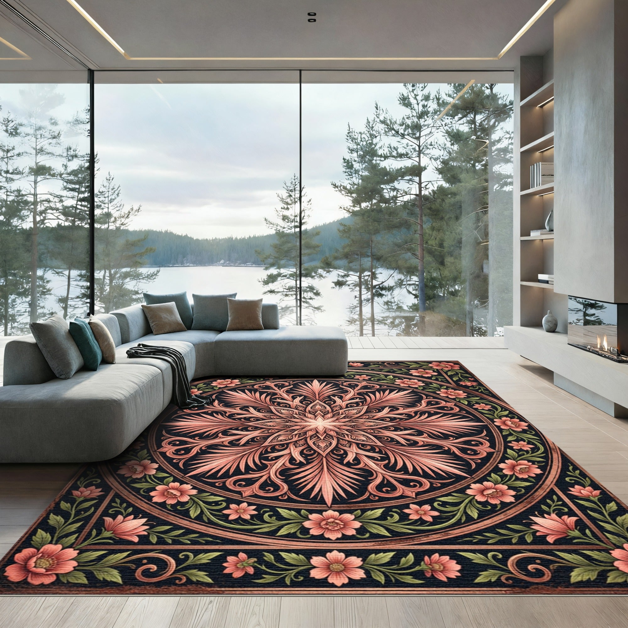 Elegant Peach Floral Mandala Medallion Rug