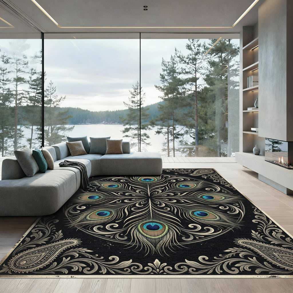 Elegant Peacock Feather Mandala Medallion Rug