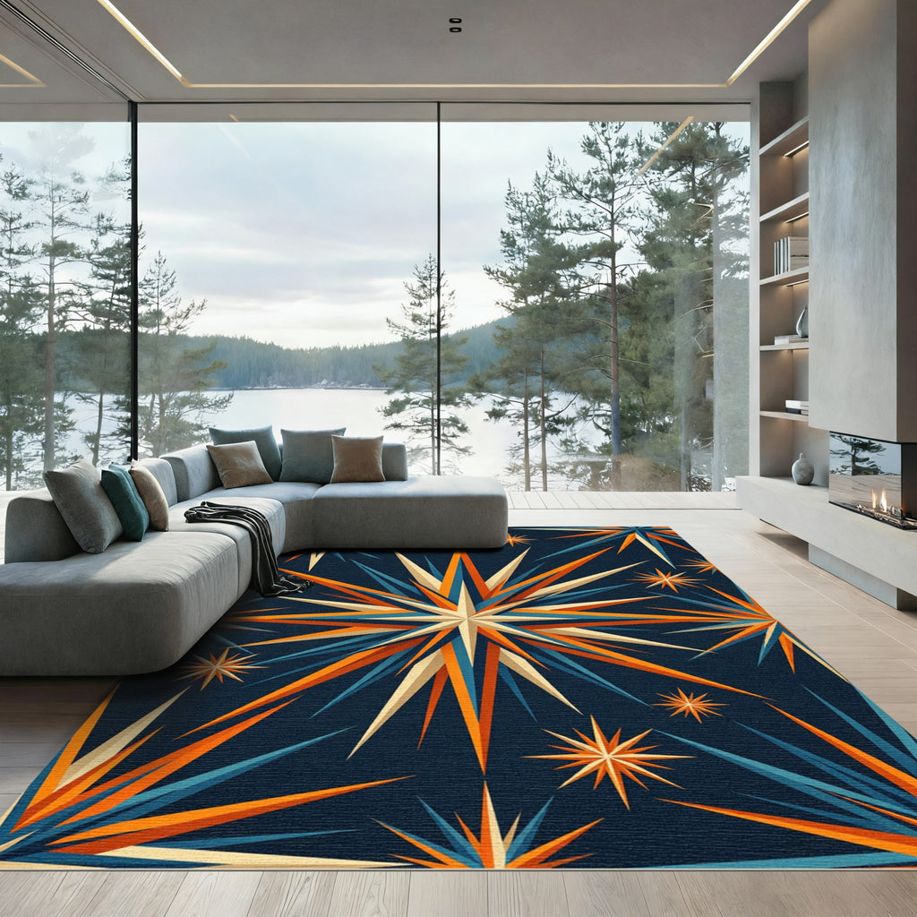 Mid-Century Modern Navy Starburst Sun Rug