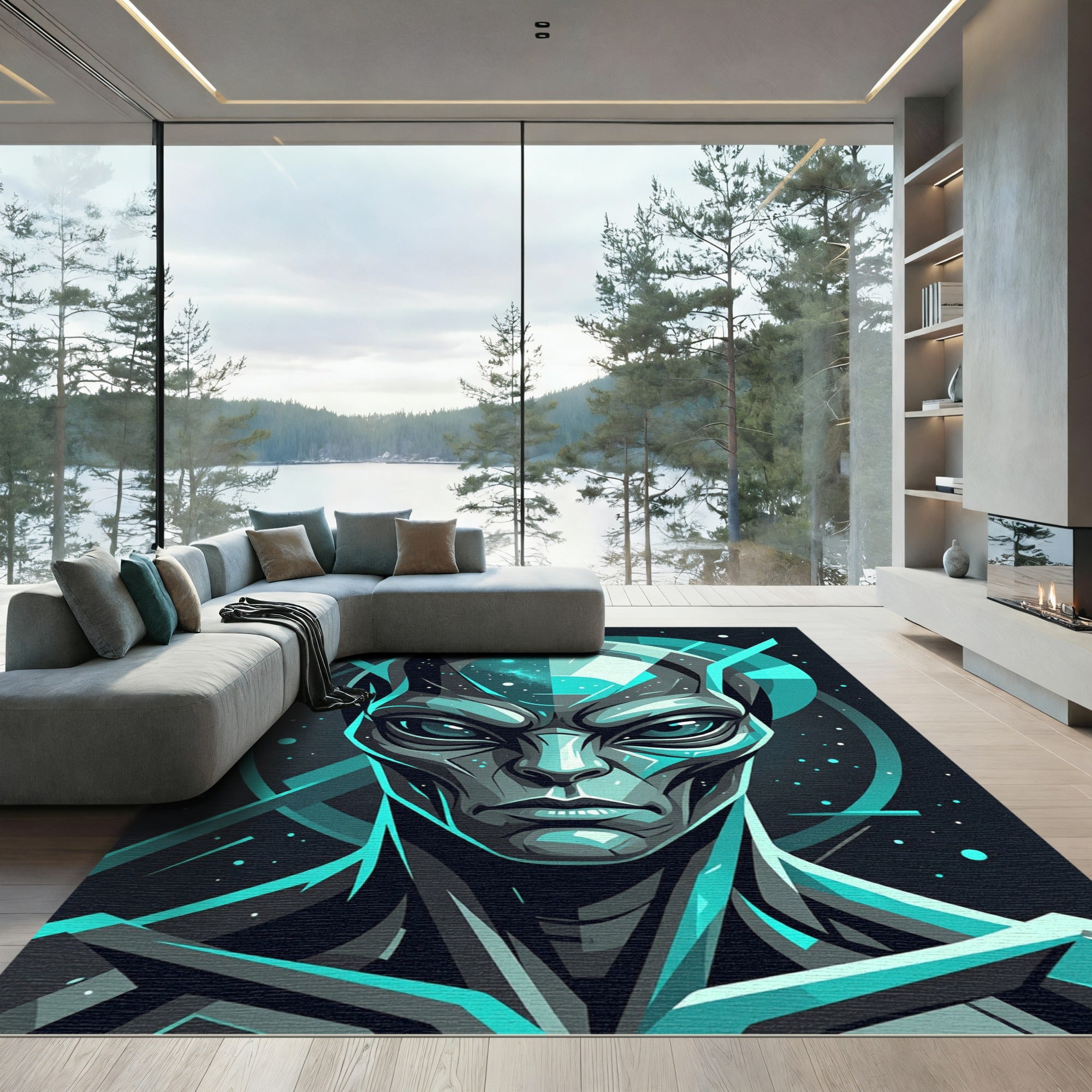 Cosmic Interstellar Teal Alien Portrait Rug