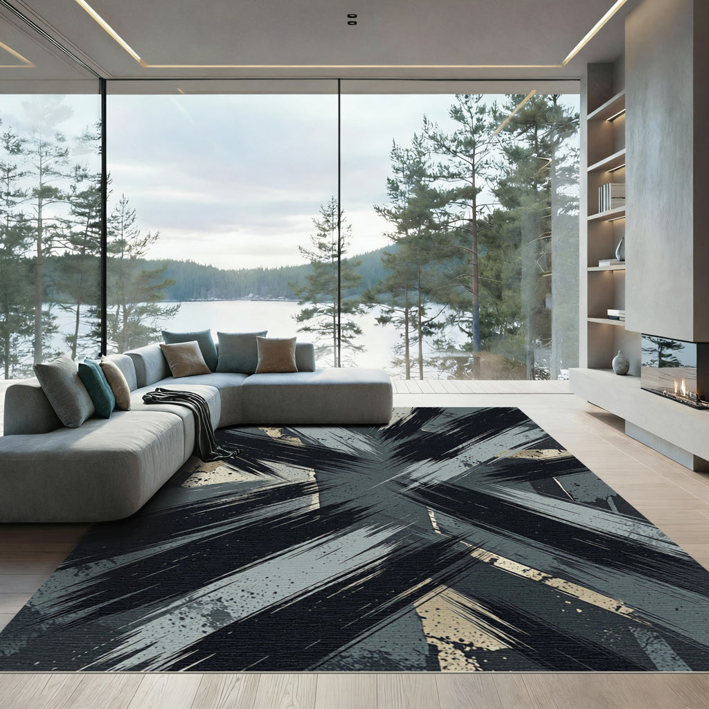 Abstract Charcoal Grey Brushstroke Accent Rug