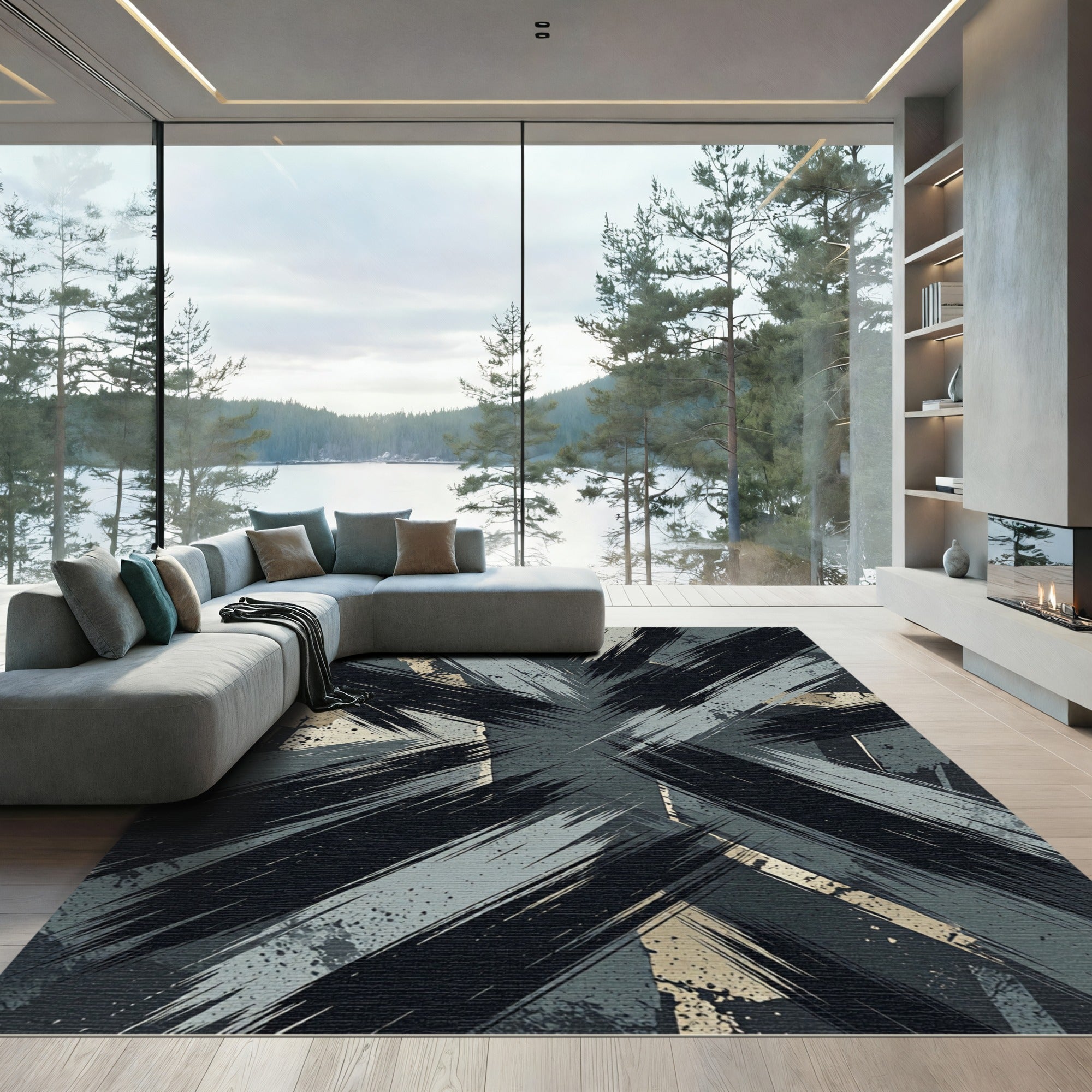 Abstract Charcoal Grey Brushstroke Accent Rug