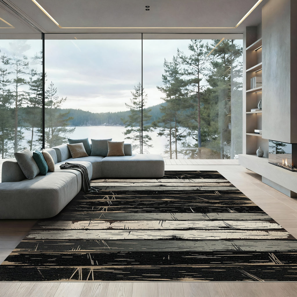 Distressed Black White Horizontal Wood Texture Rug