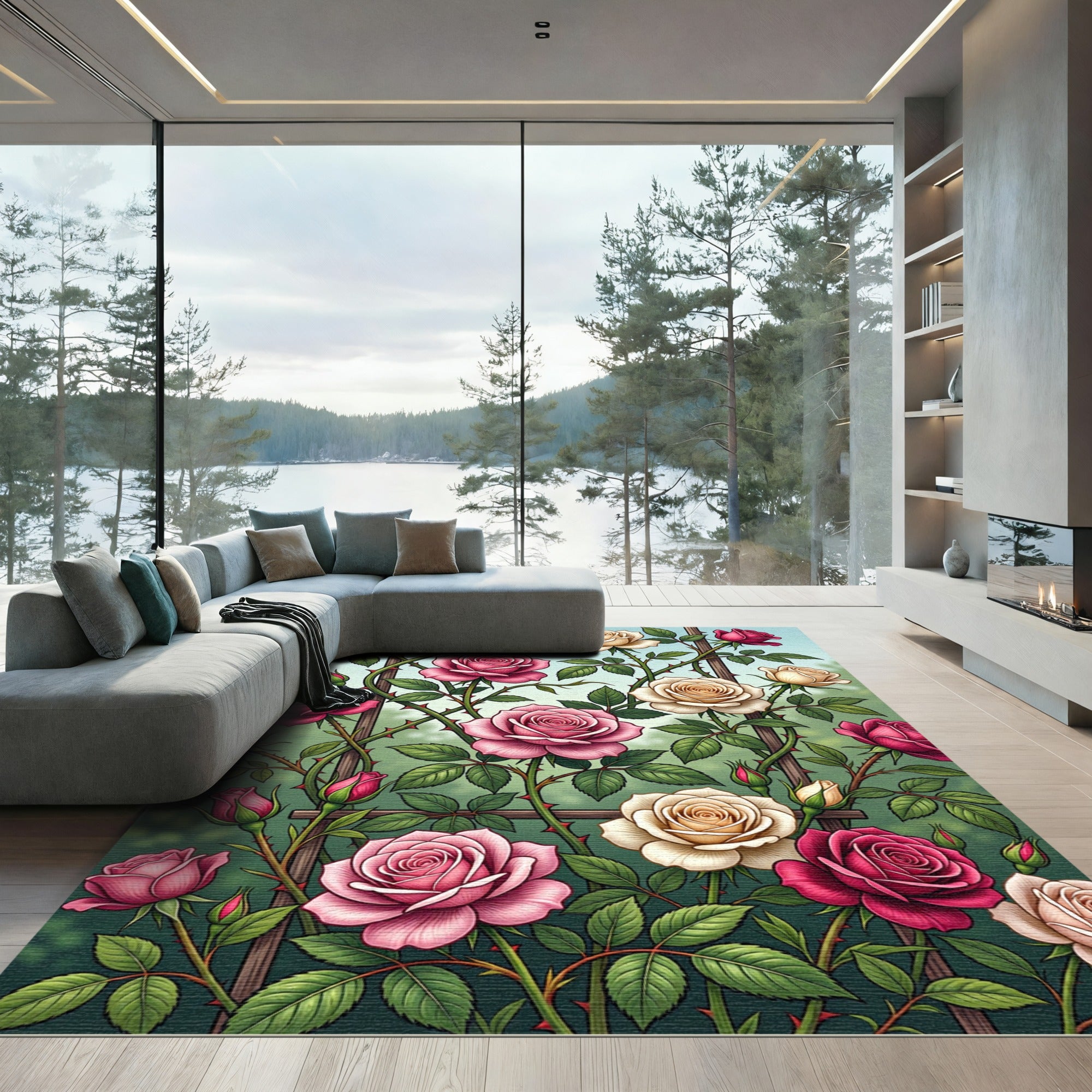 Pink White Rose Trellis Garden Rug