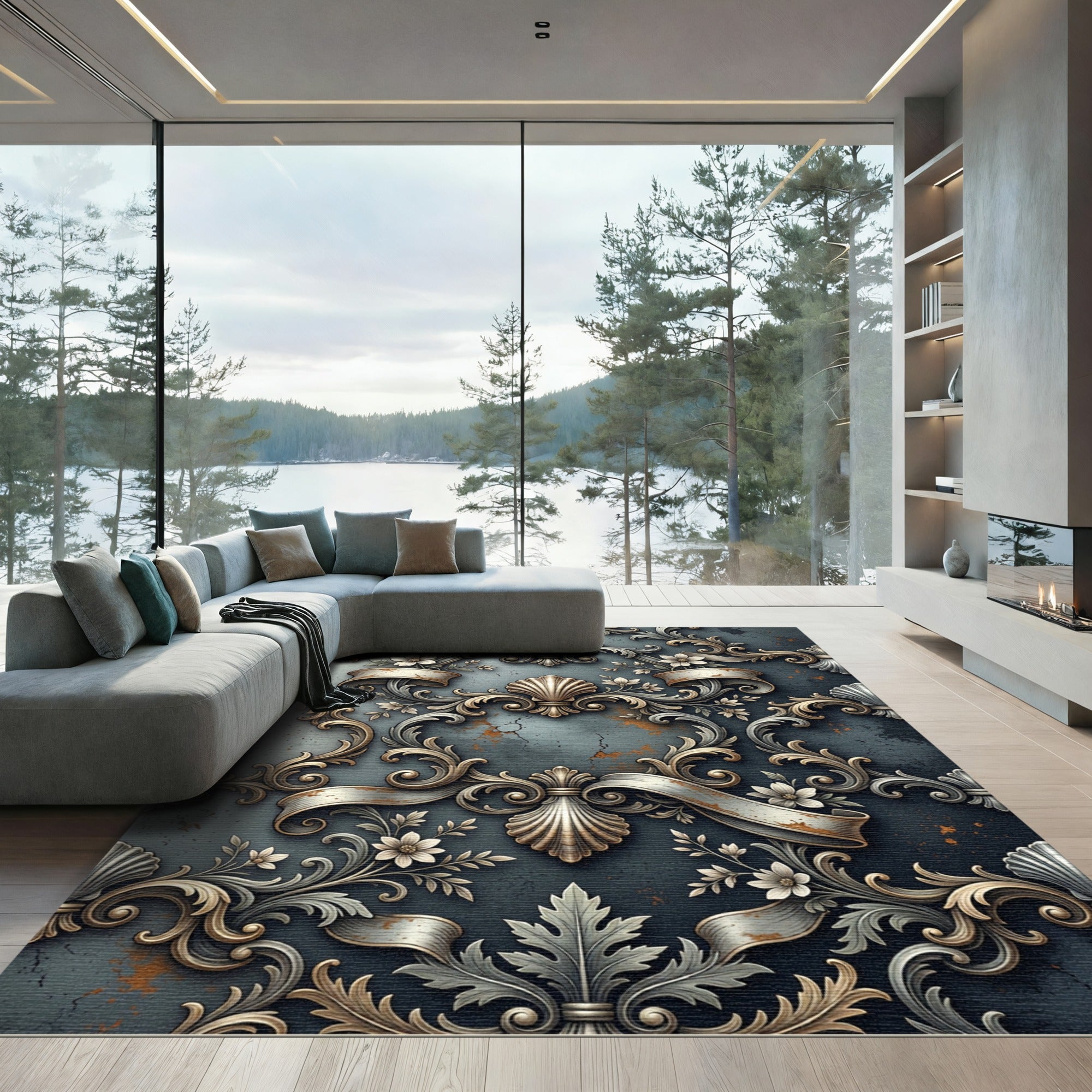 Ornate Scrollwork Floral Shell Arrangement Rug