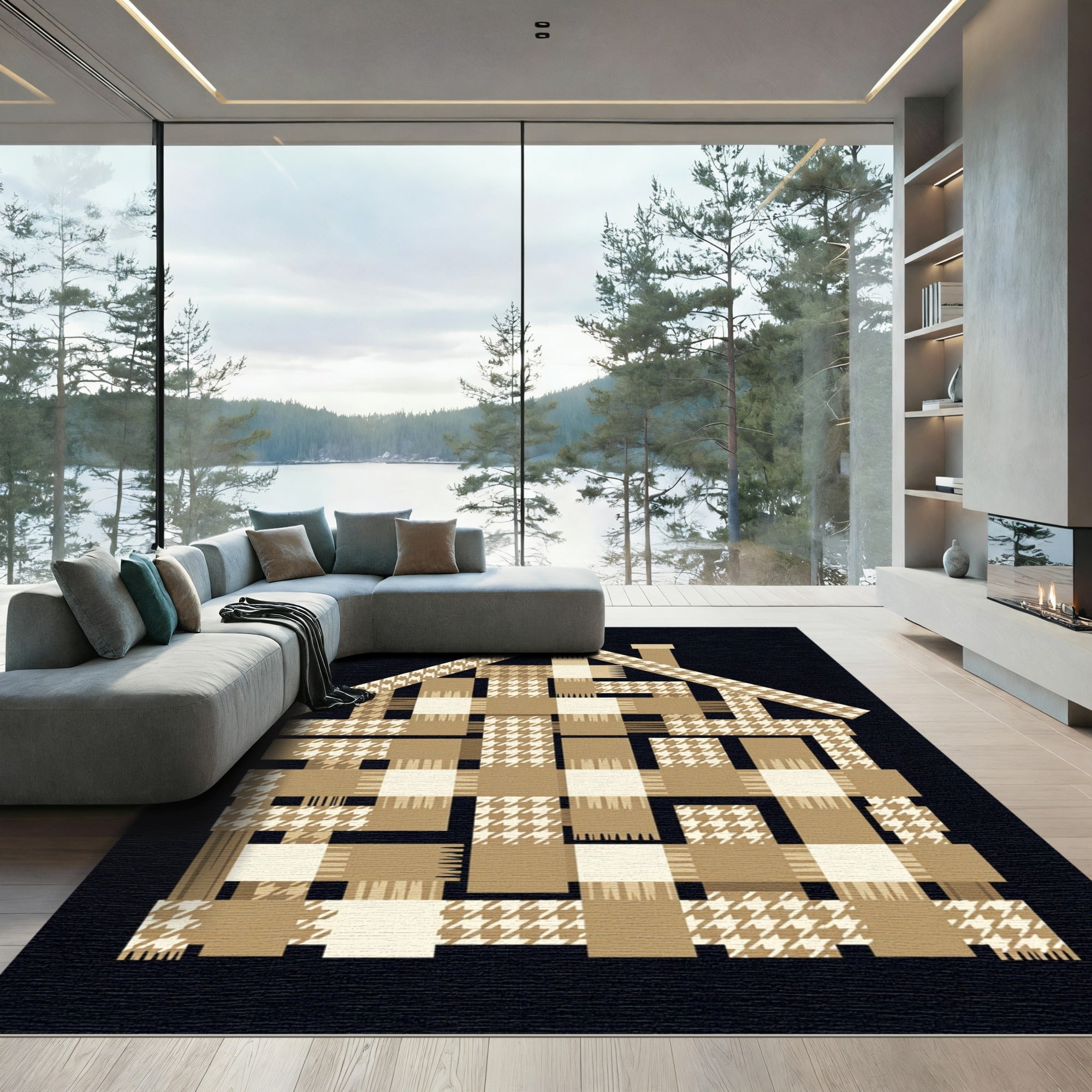 Woven Houndstooth Beige Plaid House Art Rug