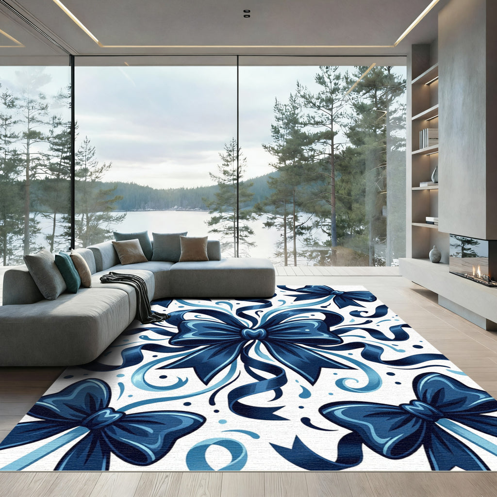 Elegant Navy Blue Ribbon Flourish Rug