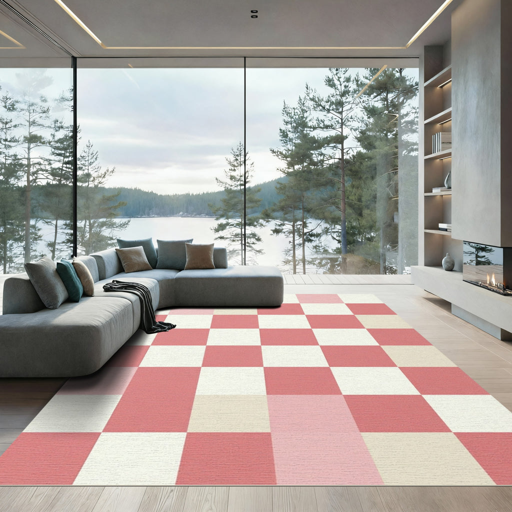 Soft Pink and Ivory Checkerboard Grid Rug