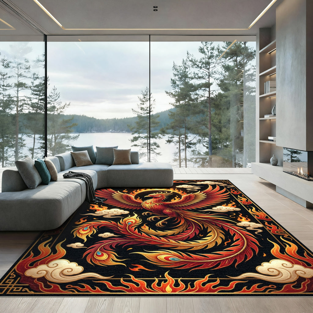 Fiery Crimson Phoenix Radiant Gold Clouds Rug