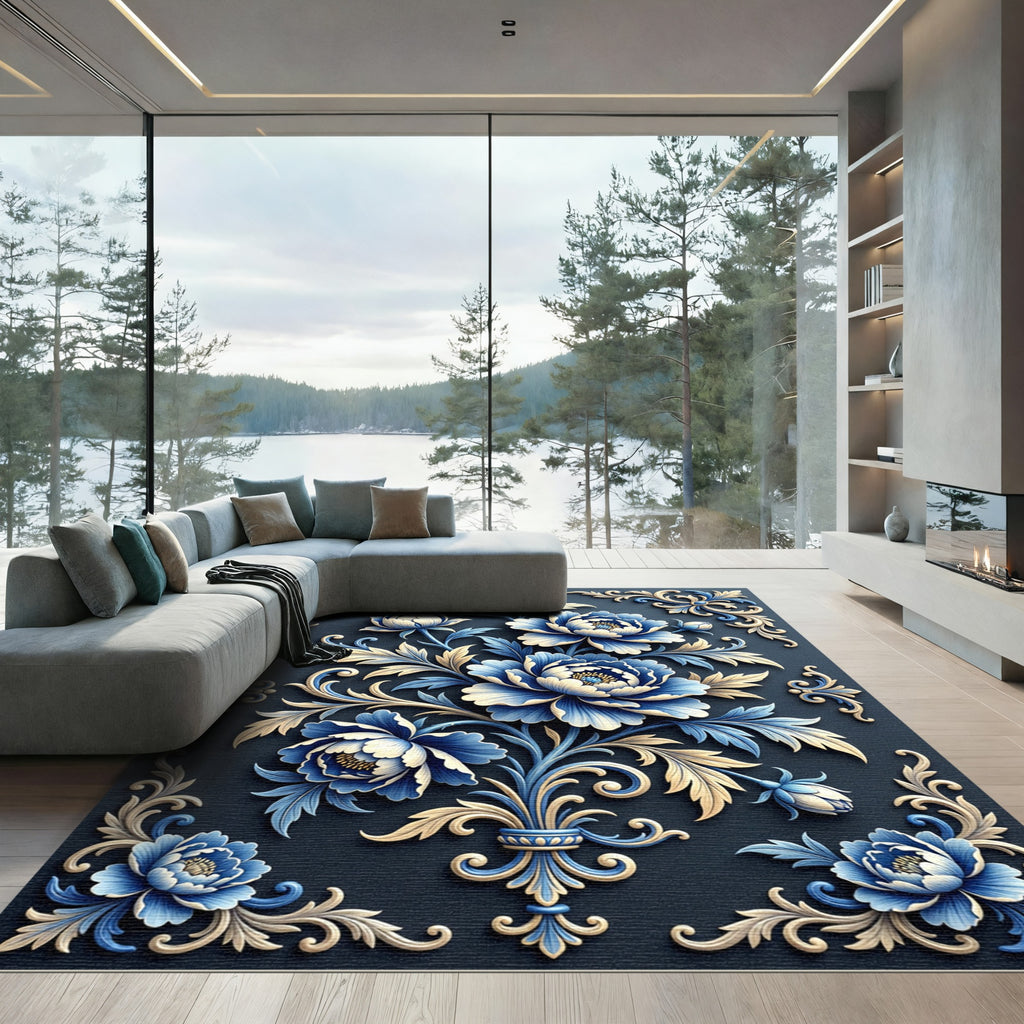 Elegant Blue and Cream Floral Scroll Rug