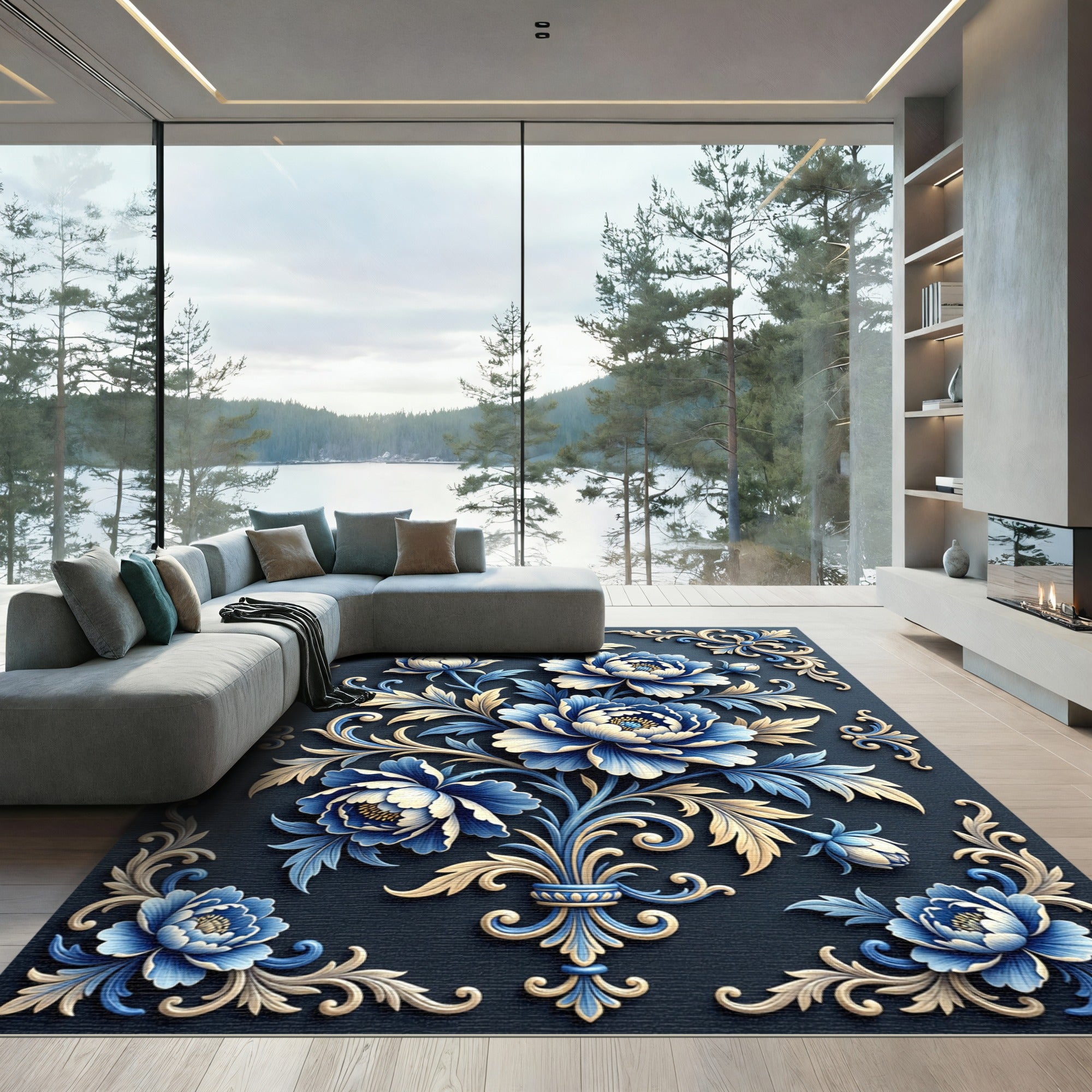 Elegant Blue and Cream Floral Scroll Rug