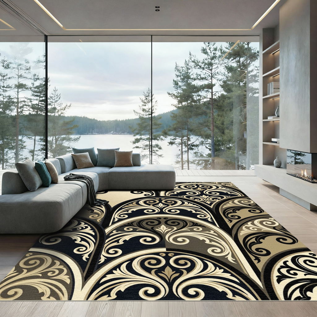 Elegant Black and Gold Damask Arch Rug