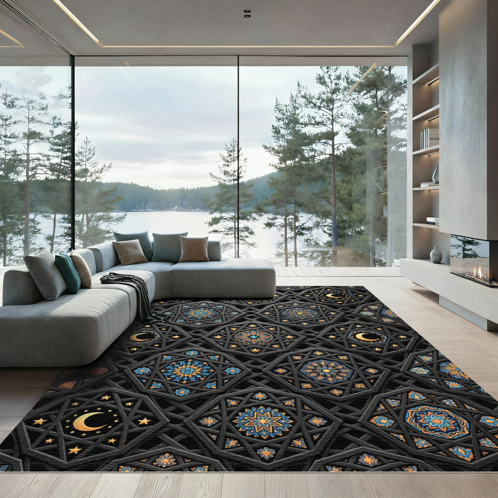 Celestial Gold Crescent Star Geometric Rug