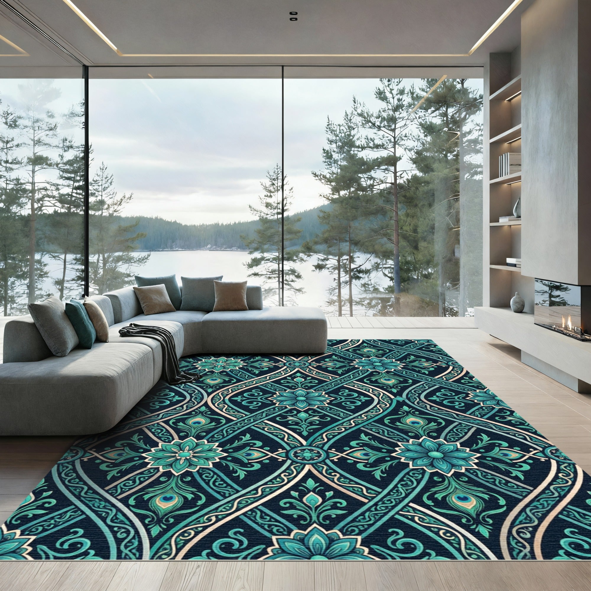 Teal Peacock Damask Floral Scroll Rug