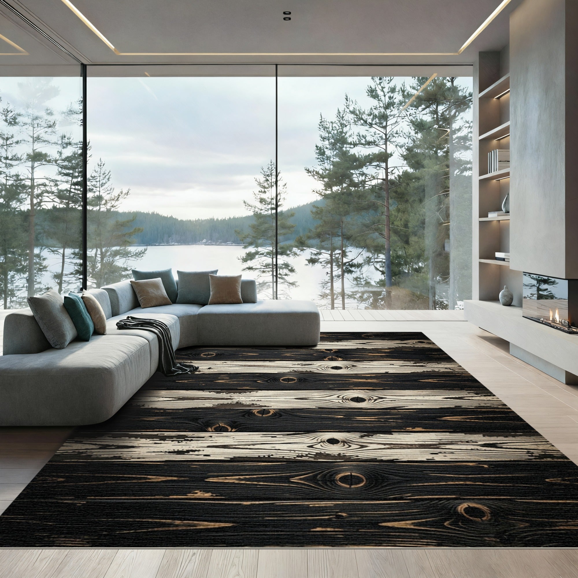 Distressed Black White Wood Grain Rug