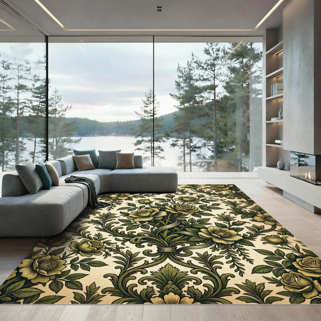 Antique Green Floral Scroll Bouquet Rug