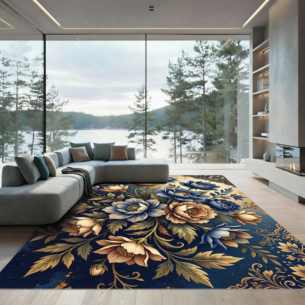 Elegant Navy and Gold Floral Bouquet Rug