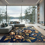Elegant Navy and Gold Floral Bouquet Rug