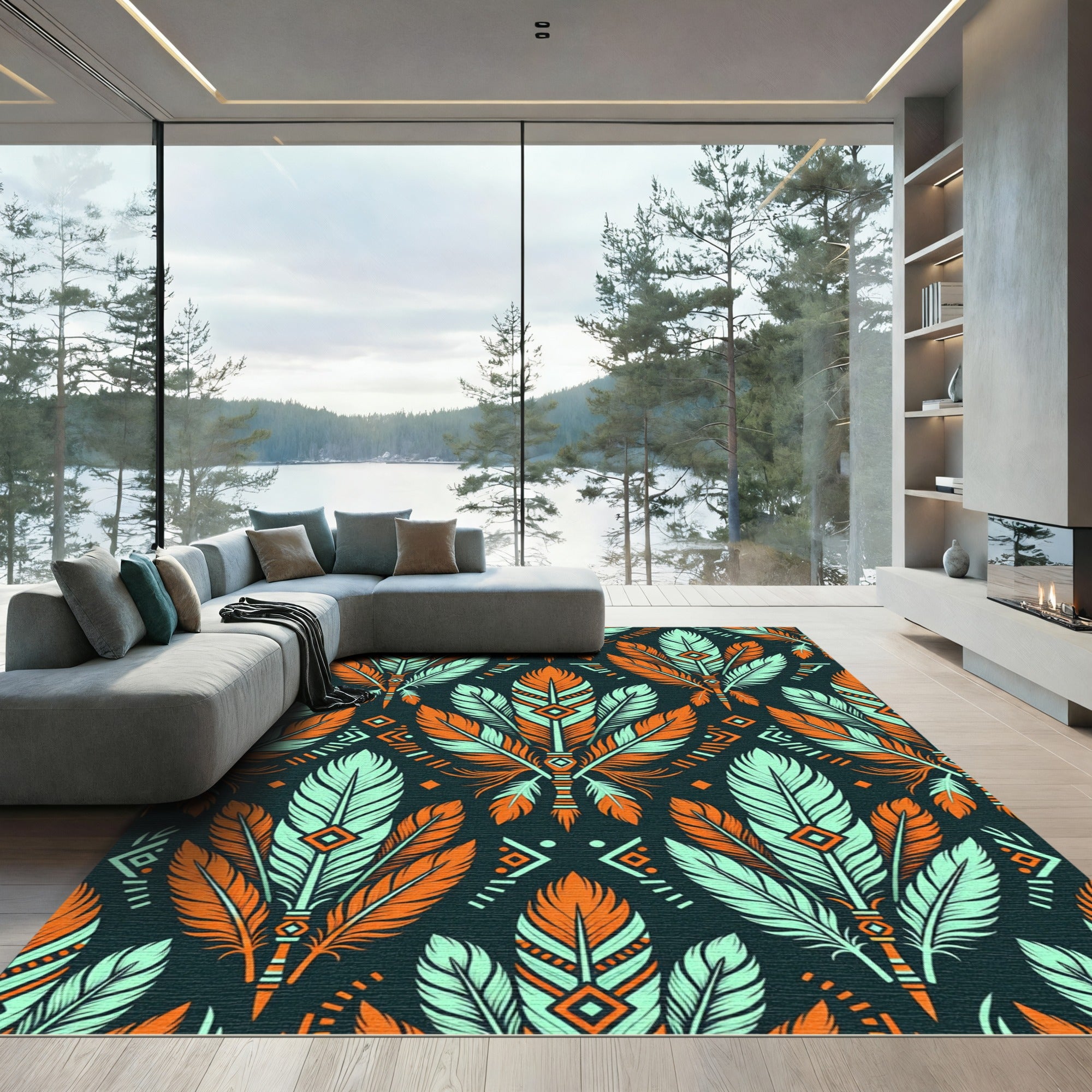 Teal and Orange Southwestern Feather Tapestry Rug