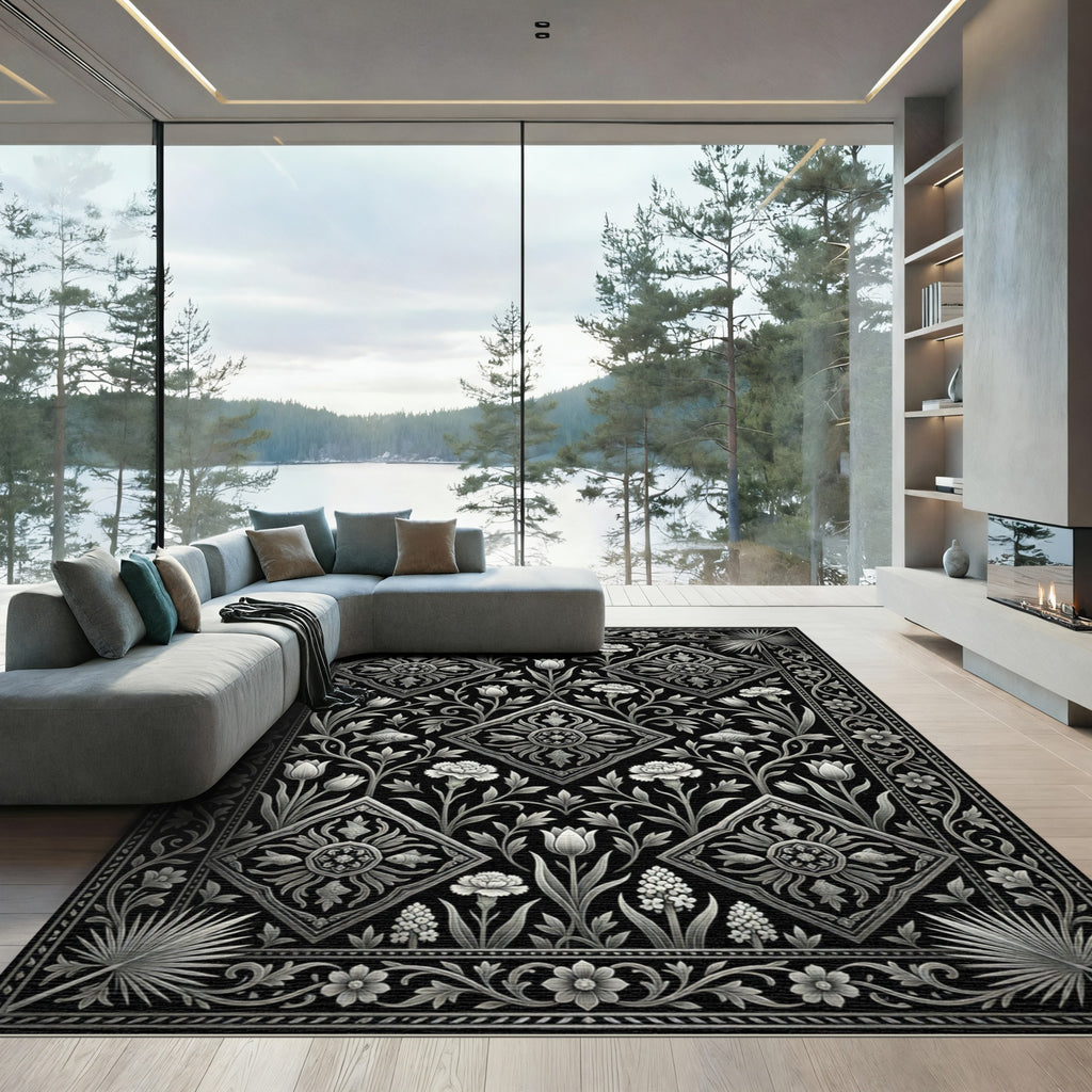 Monochromatic Floral Diamond Fish Art Rug
