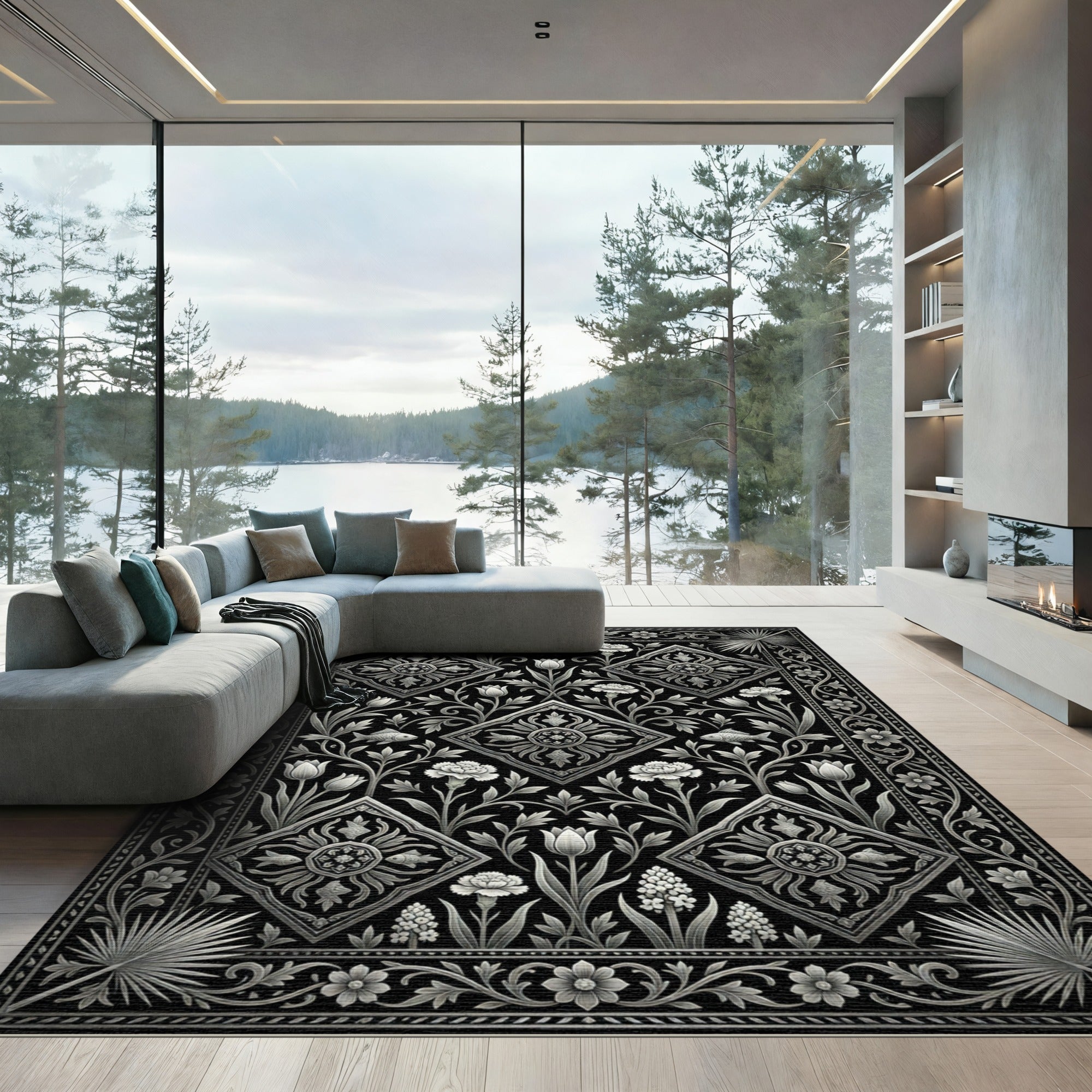 Monochromatic Floral Diamond Fish Art Rug