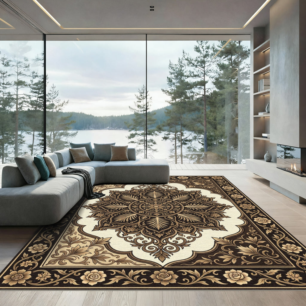 Elegant Sepia Floral Damask Medallion Rug