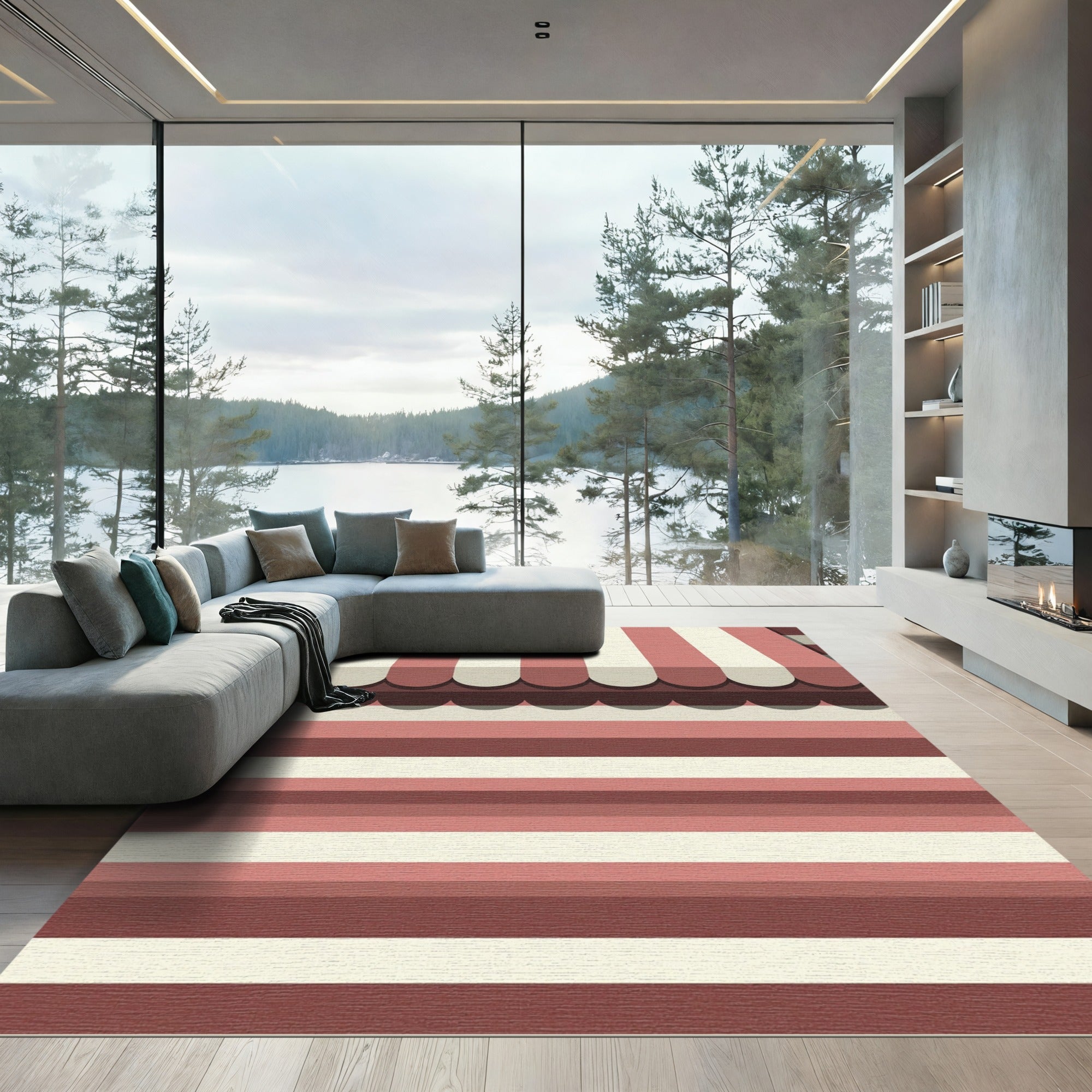 Crimson Striped Scalloped Awning Rug