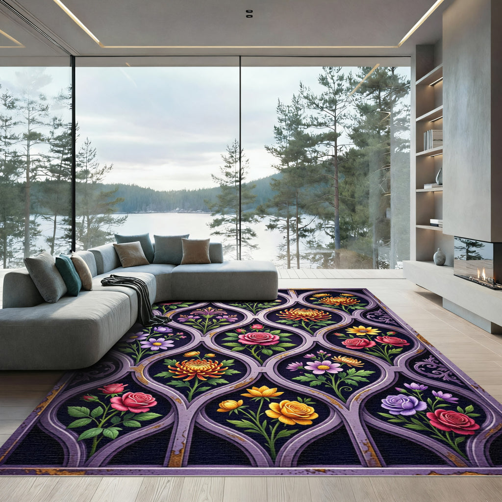 Ornate Lavender Botanical Garden Tile Rug
