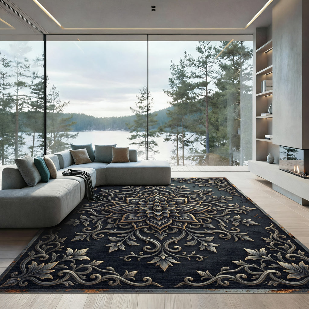 Ornate Black and Gold Medallion Rug
