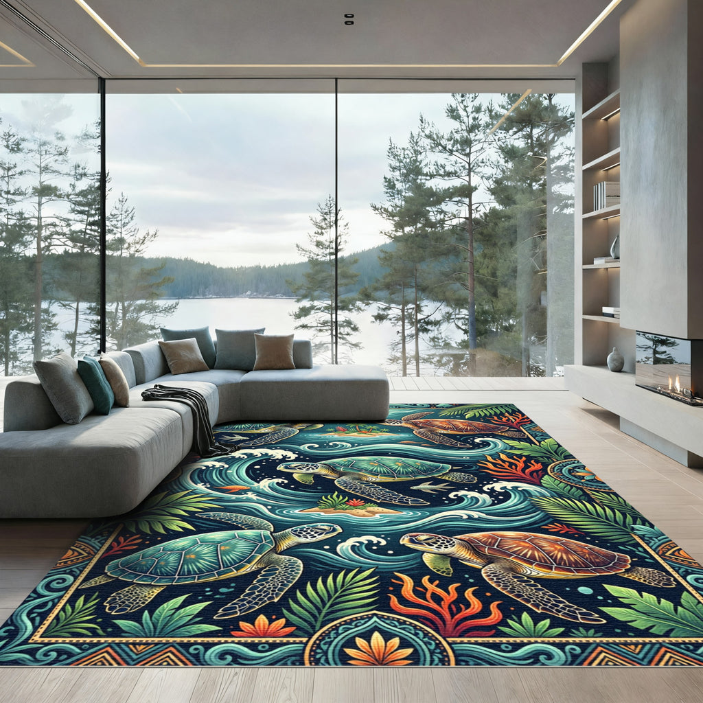 Tropical Sea Turtle Oceanic Wave Tapestry Rug