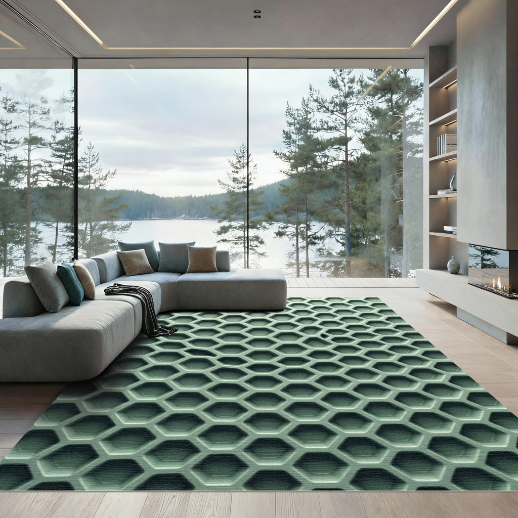 Earthy Sage Geometric Honeycomb Grid Rug