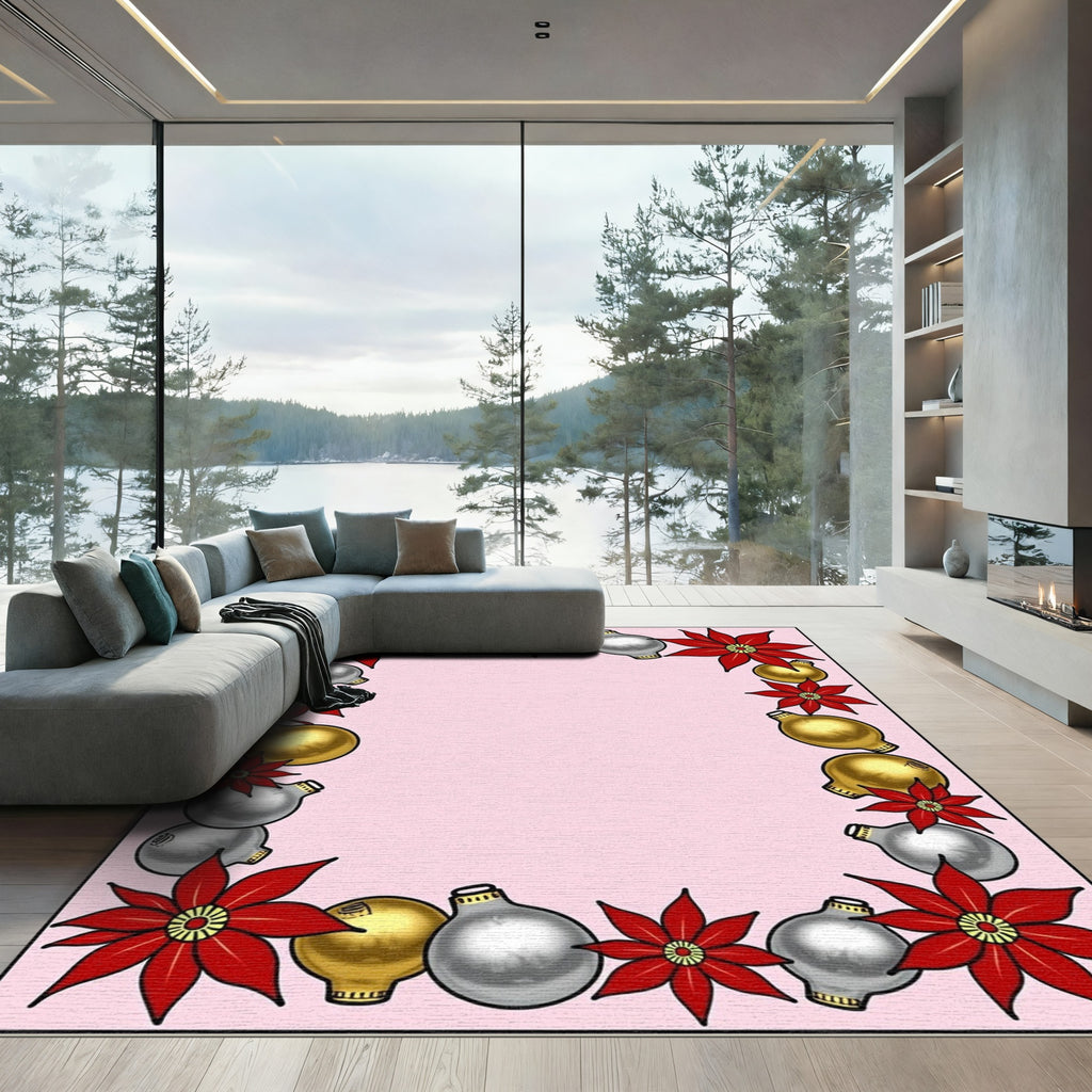 Red Poinsettia Gold Silver Ornaments Border Rug