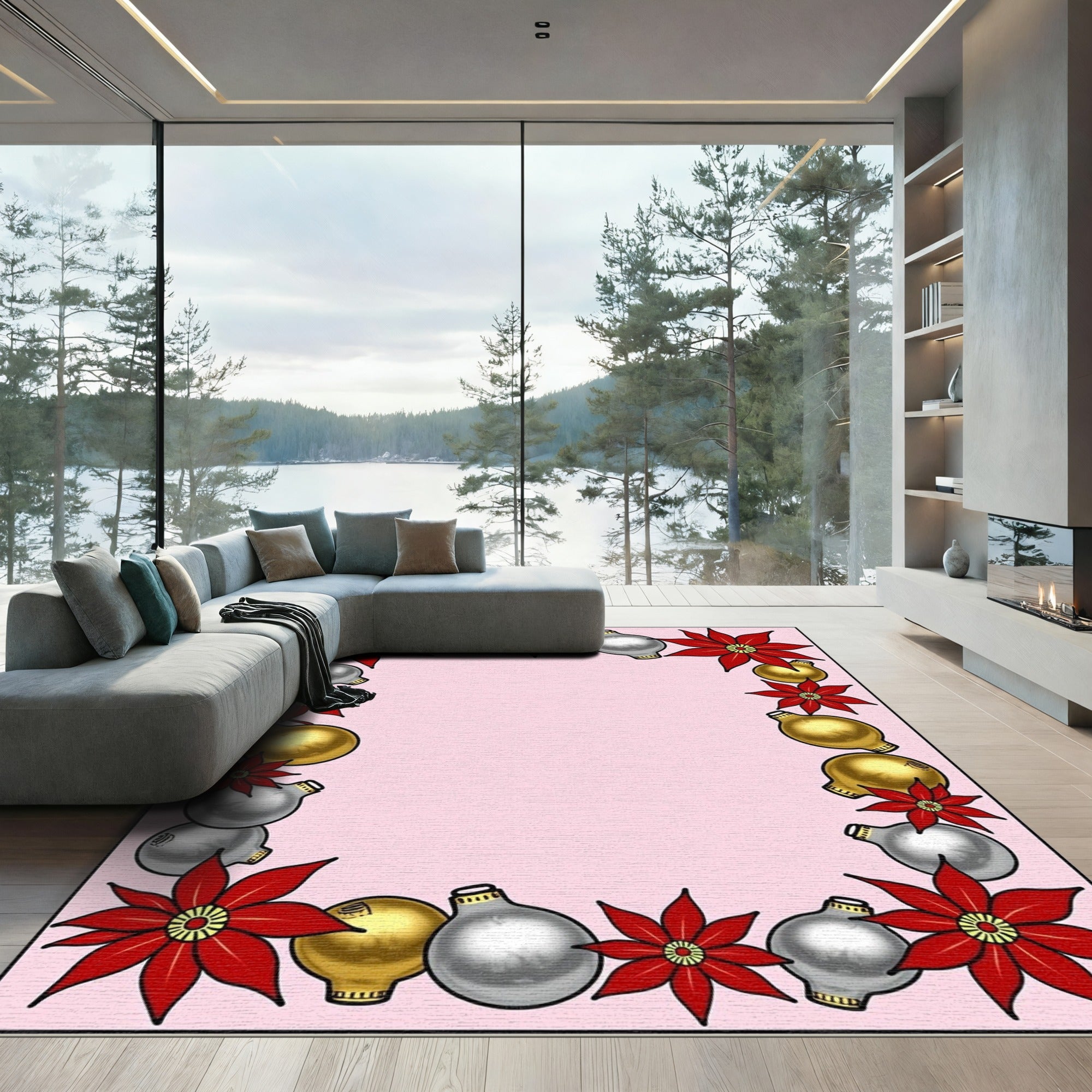 Red Poinsettia Gold Silver Ornaments Border Rug