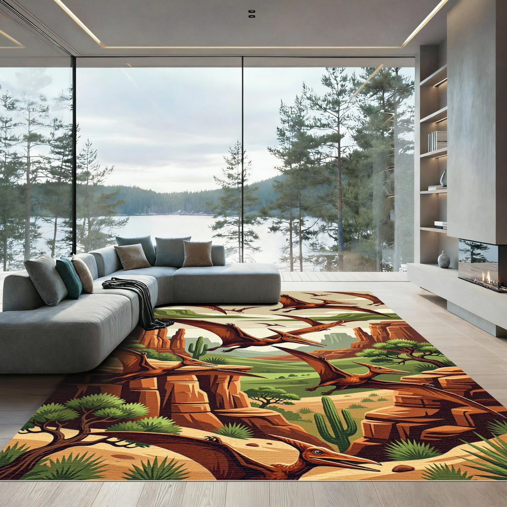 Prehistoric Pterodactyl Canyon Landscape Art Rug