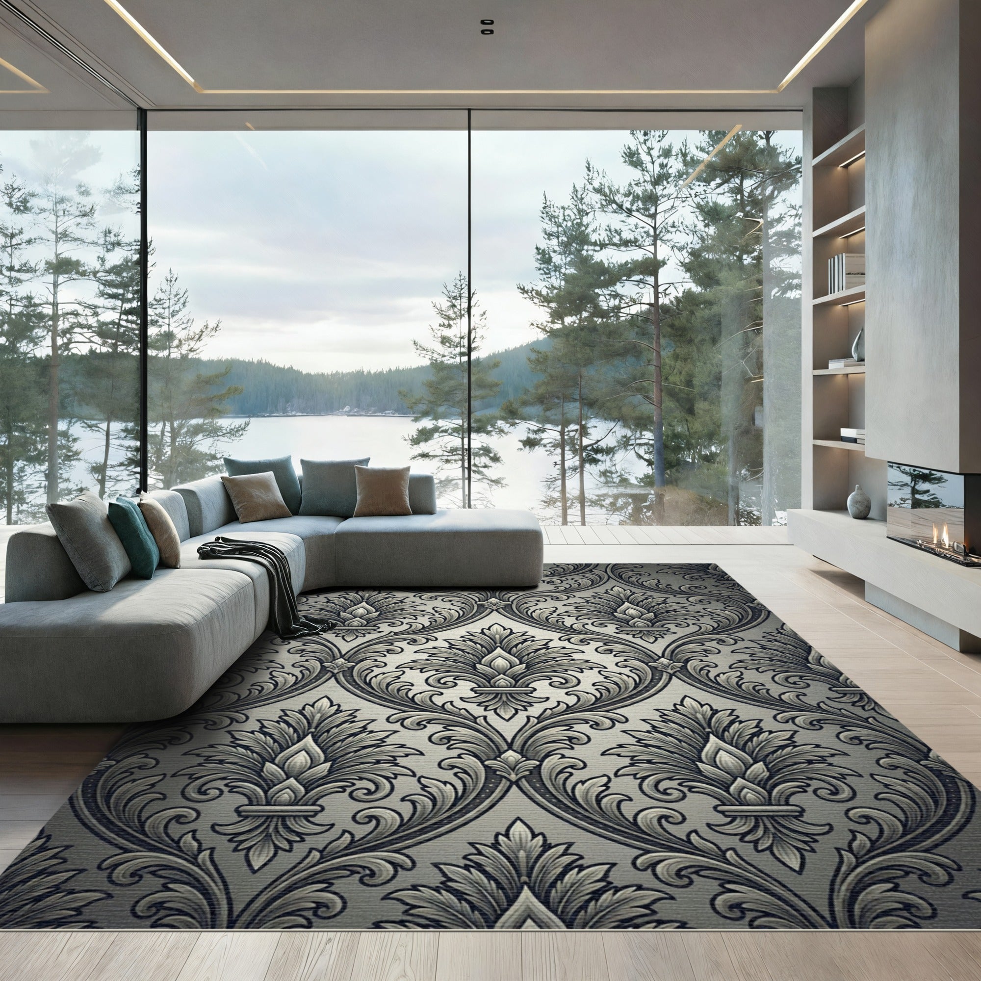 Monochrome Ornate Damask Fleur de Lis Rug