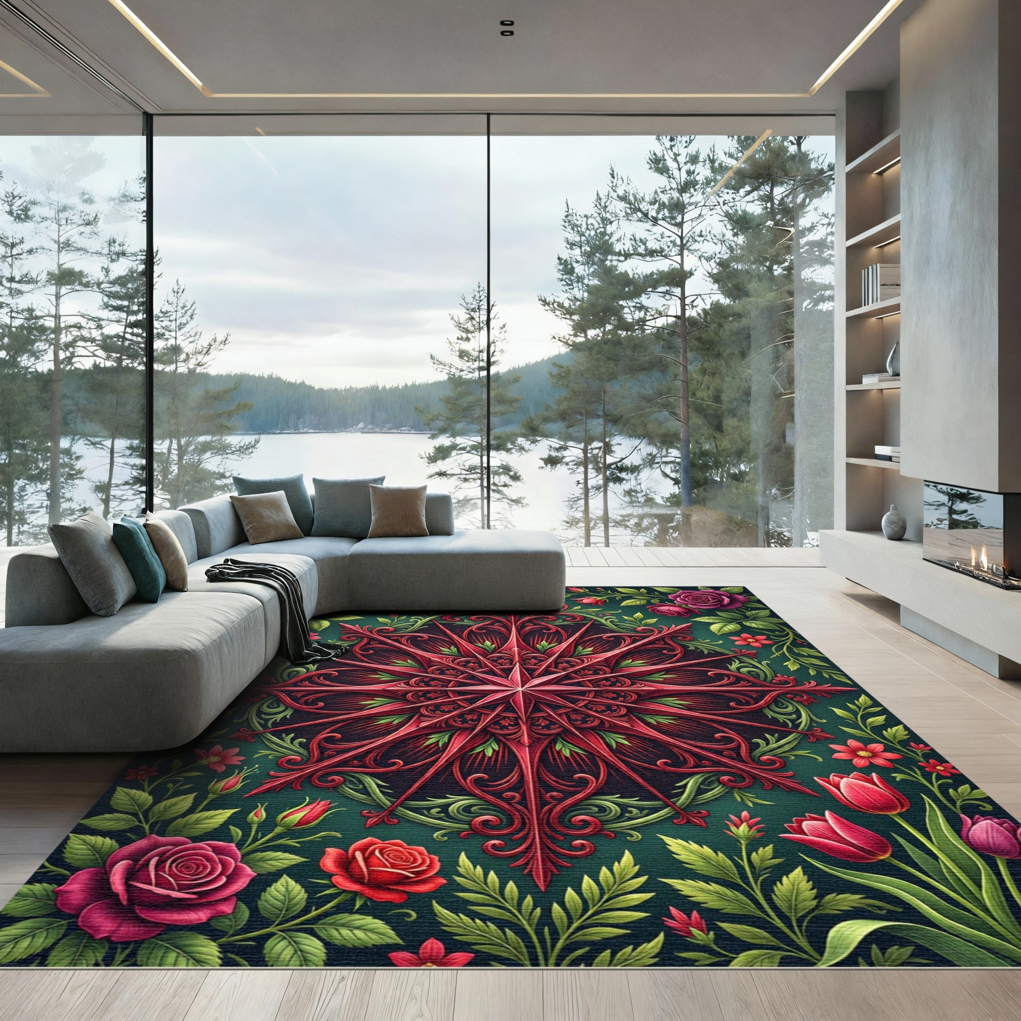 Rich Emerald Rose Floral Medallion Rug