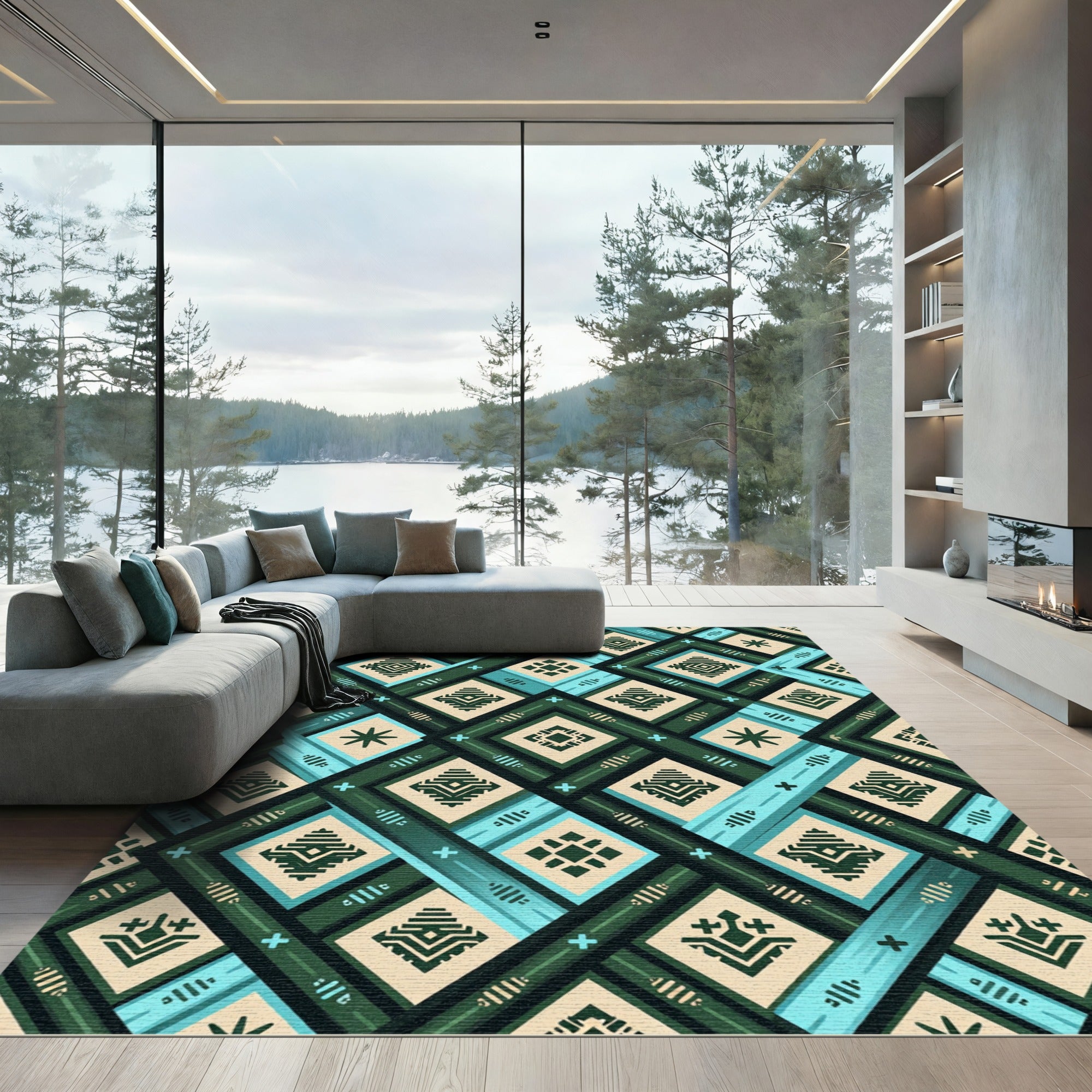 Geometric Teal and Forest Green Diamond Rug