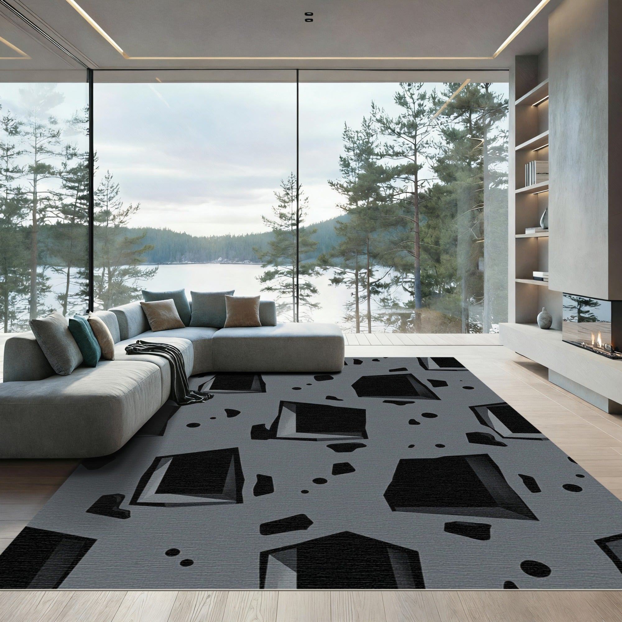 Abstract Gray Cutout Geometric Grid Rug