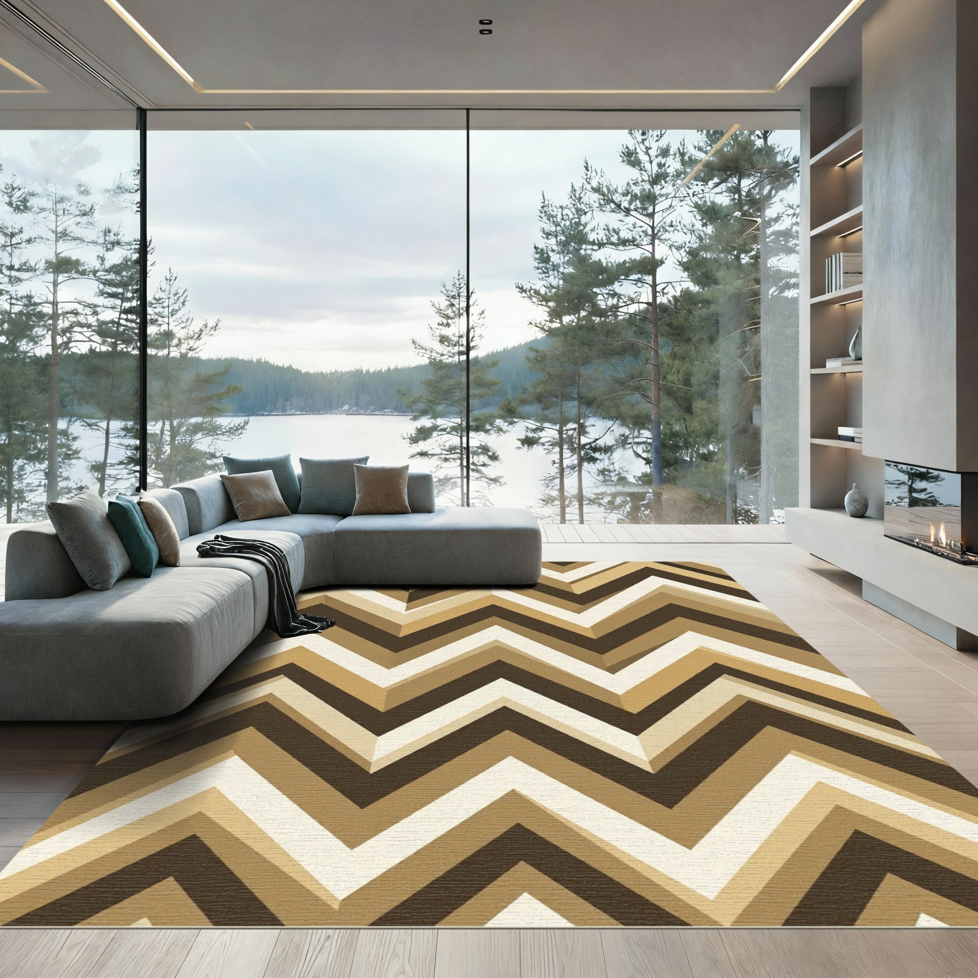 Neutral Brown Chevron Geometric Zigzag Rug