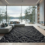 Sophisticated Charcoal Gothic Quatrefoil Scroll Rug